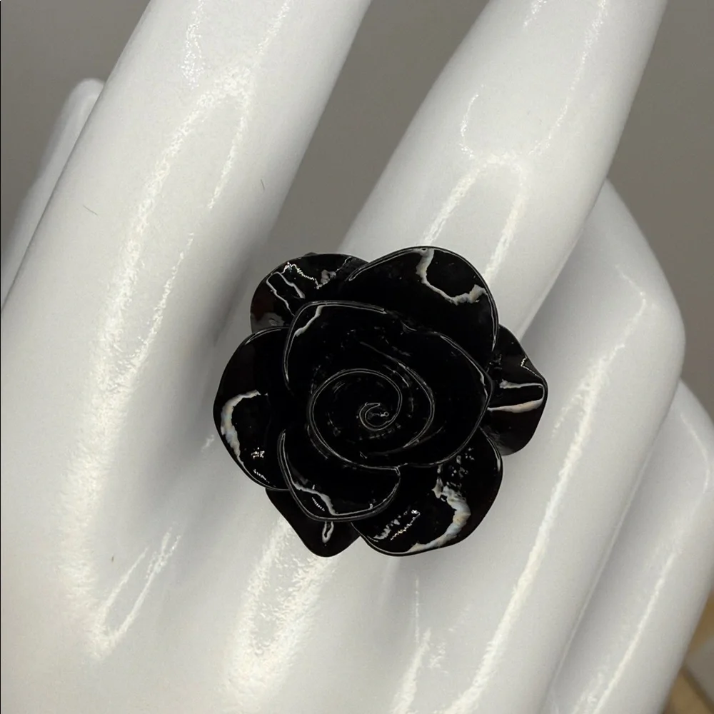 3/$25 Chunky Adjustable Open Black Lace Style with Black Rose Ring Gothic